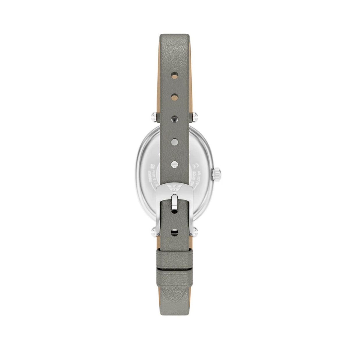 Ladies oval quartz wristwatch showing grey leather strap with multiple holes and pin buckle