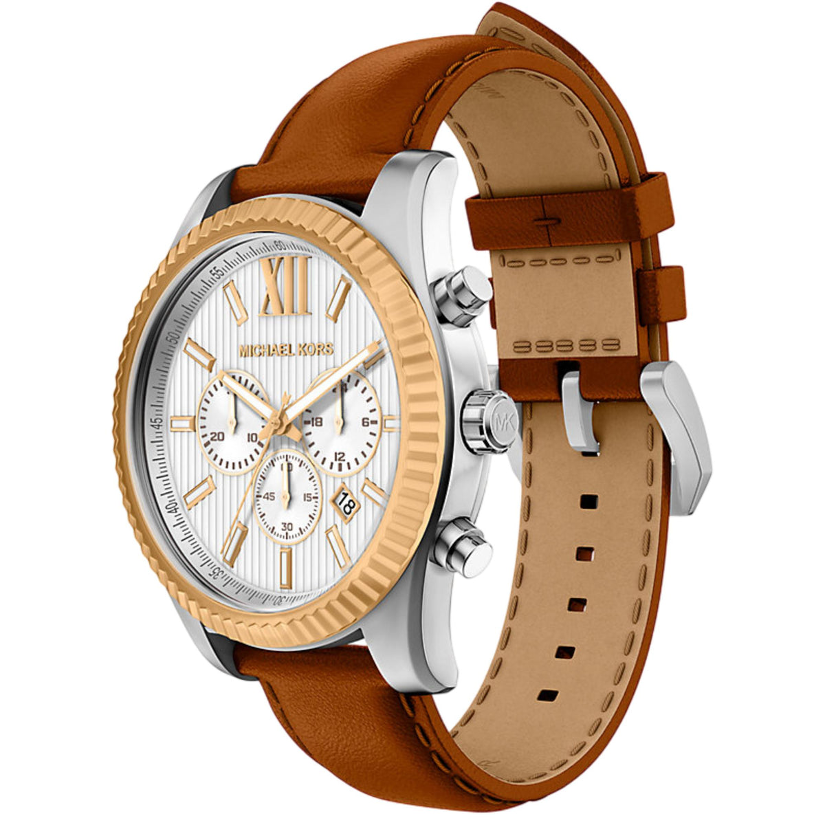 Mens chronograph watch with gold-tone bezel, silver case, brown leather strap, pushers