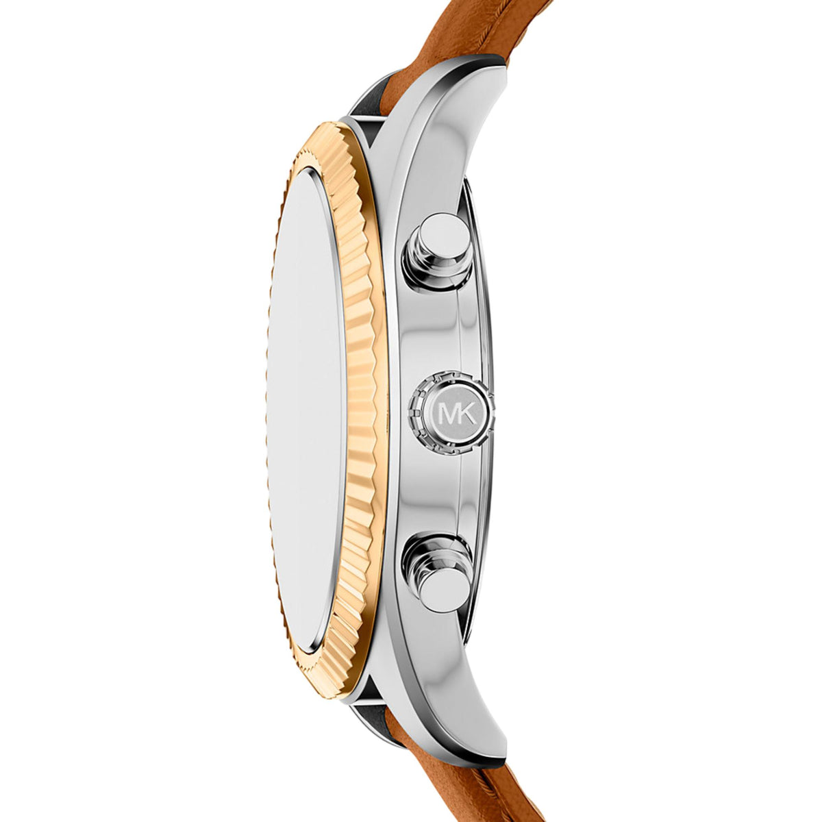 Mens chronograph watch side profile with crown and pushers, brown leather strap