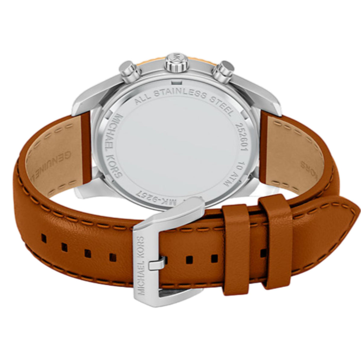 Mens chronograph watch back with stainless-steel case and brown leather strap buckle