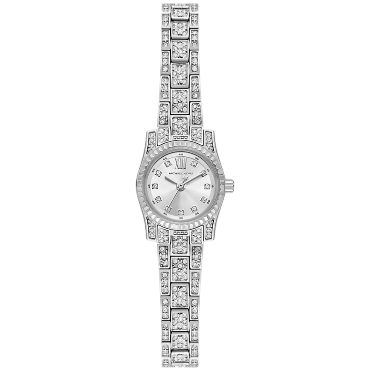 Michael Kors Lexington MK4864 ladies watch front view featuring a silver dial, crystal-set bezel, and crystal-embellished steel bracelet