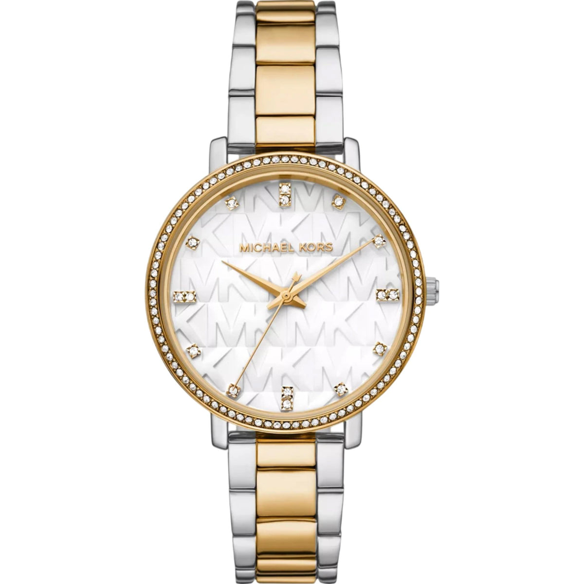 Two-tone Michael Kors Pyper ladies watch with white dial, crystal bezel, steel bracelet