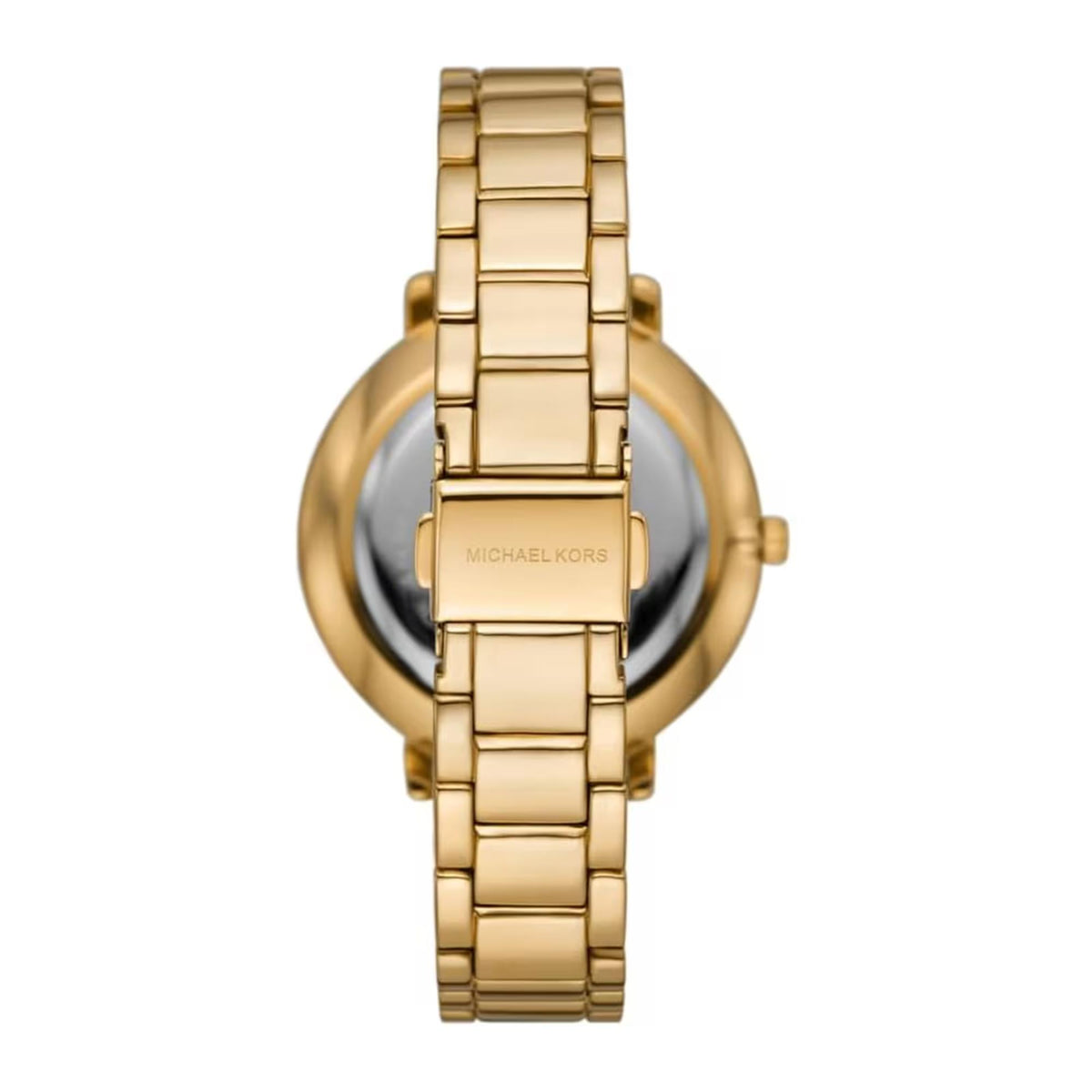 Michael Kors Pyper MK4916 rear view displaying the stainless steel case back and gold-tone link bracelet with branded clasp