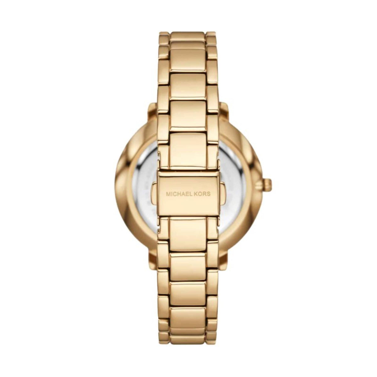 Michael Kors Pyper watch caseback view, gold-tone steel bracelet, round case with MK logo