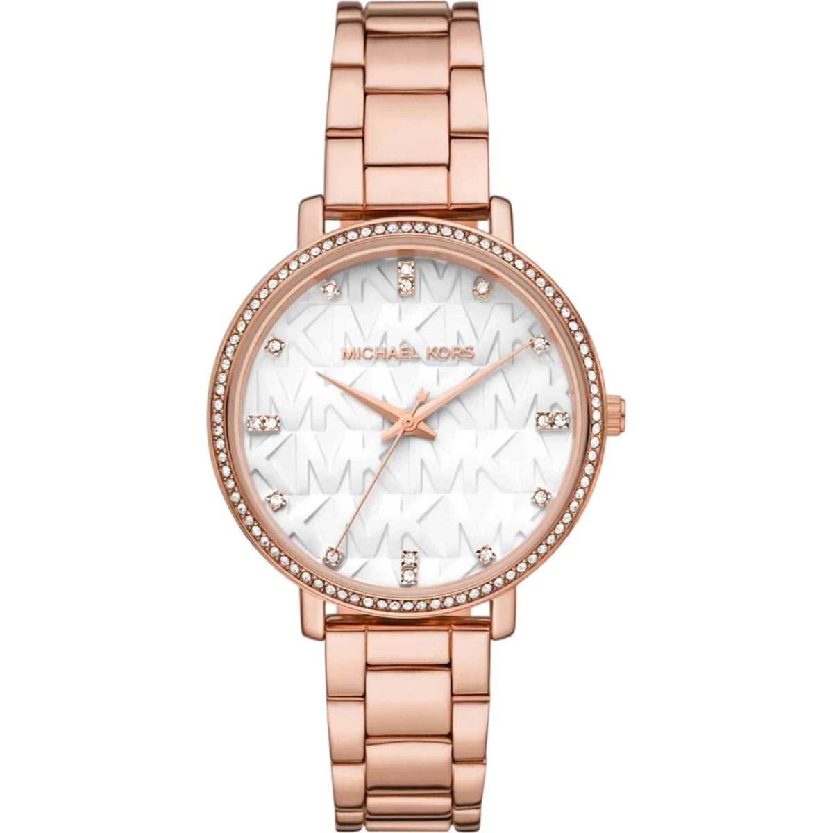 Michael Kors Pyper MK4917 womens watch front view showing a white dial, crystal set bezel, and rose gold tone steel bracelet