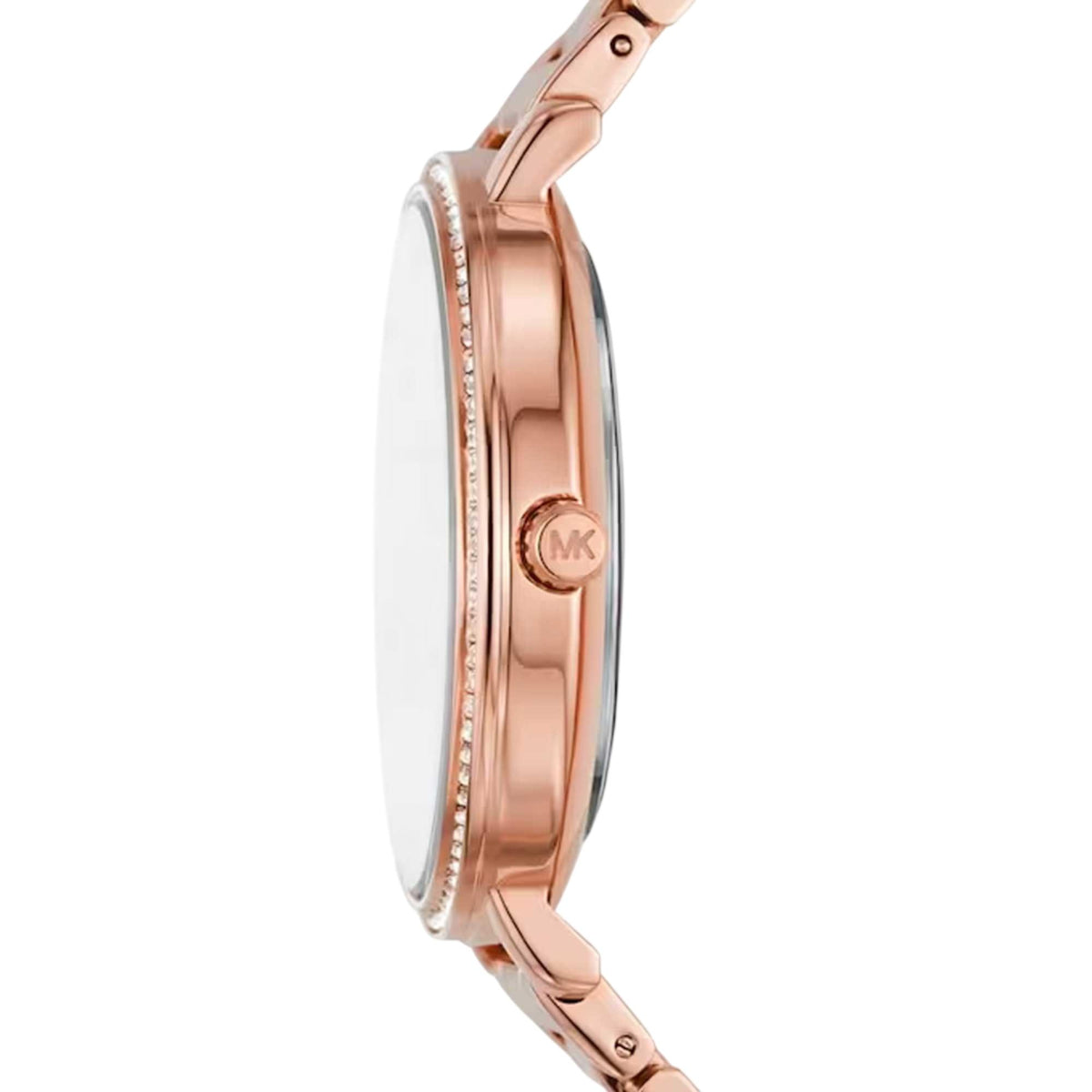 Michael Kors Pyper MK4917 ladies watch side profile view featuring the rose gold tone case, crystal-accented bezel, and logo-engraved crown