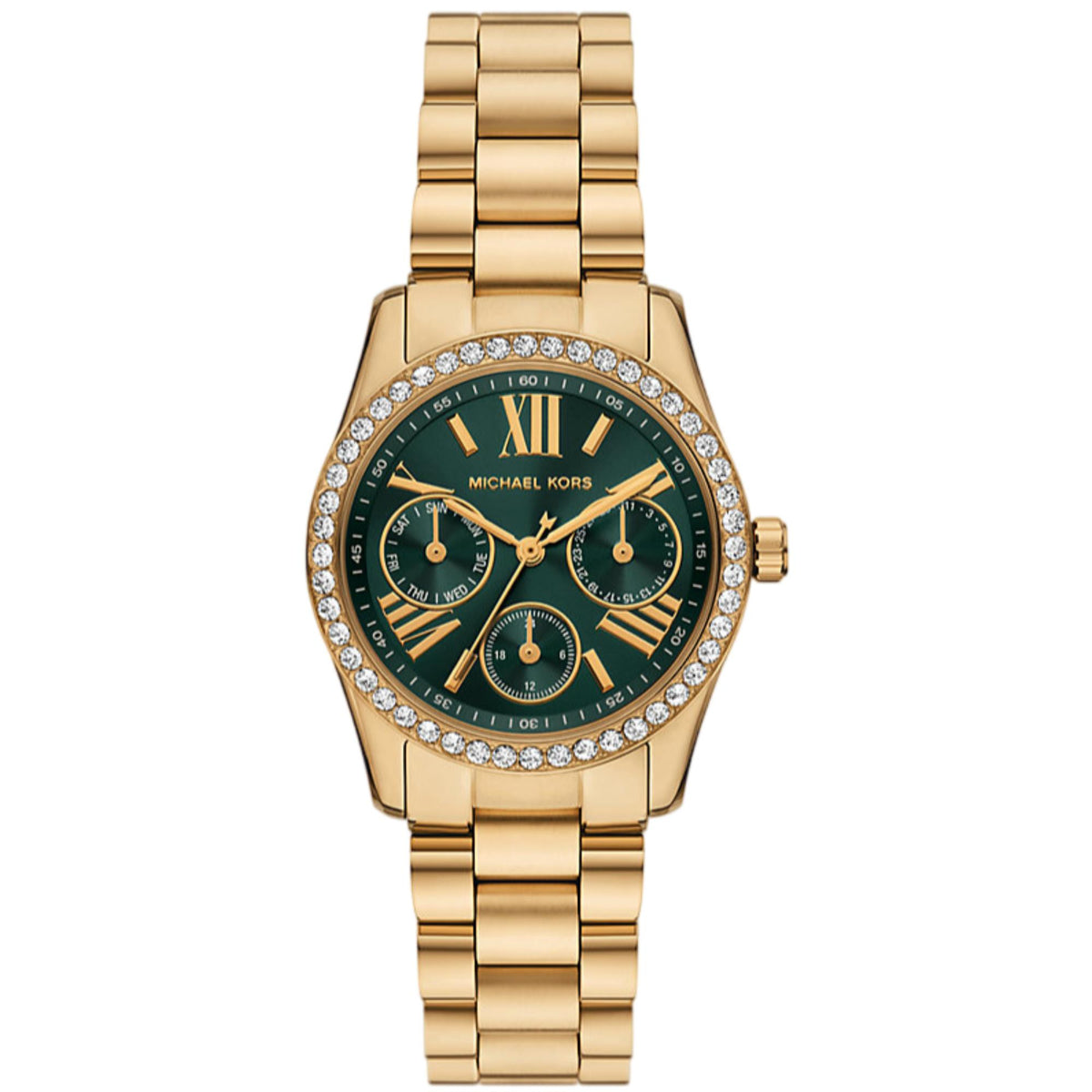 Michael Kors Lexington MK4924 ladies watch front view featuring an emerald green chronograph dial, crystal set topring, and gold-tone steel bracelet