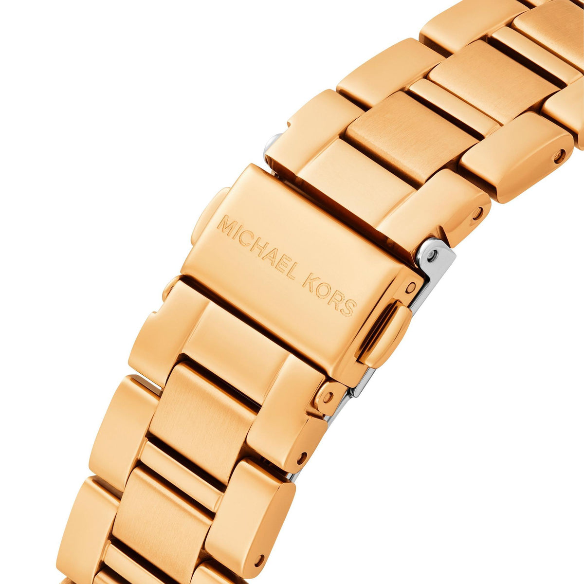 Michael Kors Essex MK4904 close-up view of the gold-tone steel bracelet highlighting the engraved folding clasp