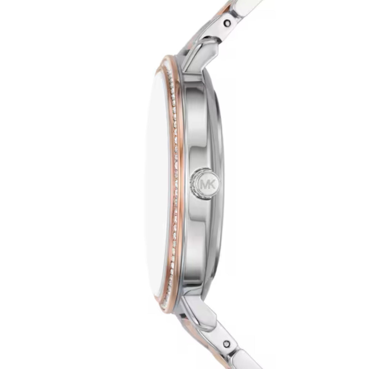 Michael Kors Pyper MK4920 ladies watch side profile view featuring the silver-tone case, rose gold crystal bezel, and logo-engraved crown
