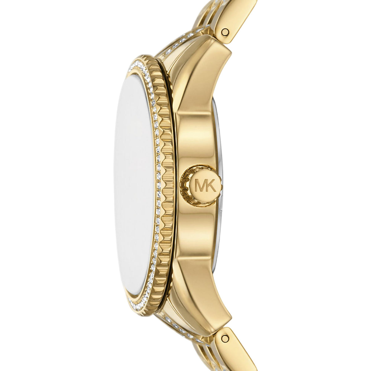 Gold-tone watch case with crystal bezel ring and MK logo on the side