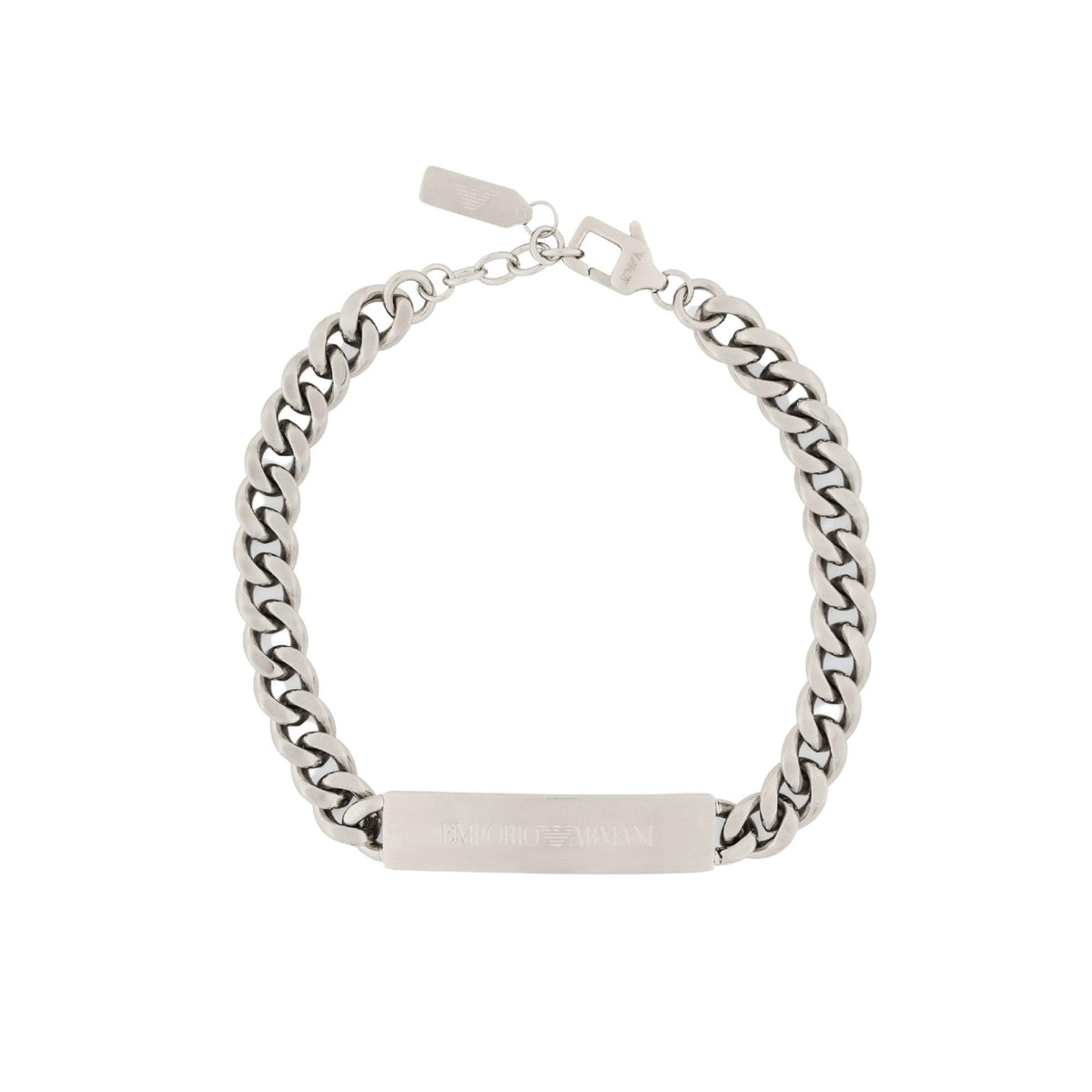 Men's stainless steel ID bracelet with curb link chain and engraved rectangular plate