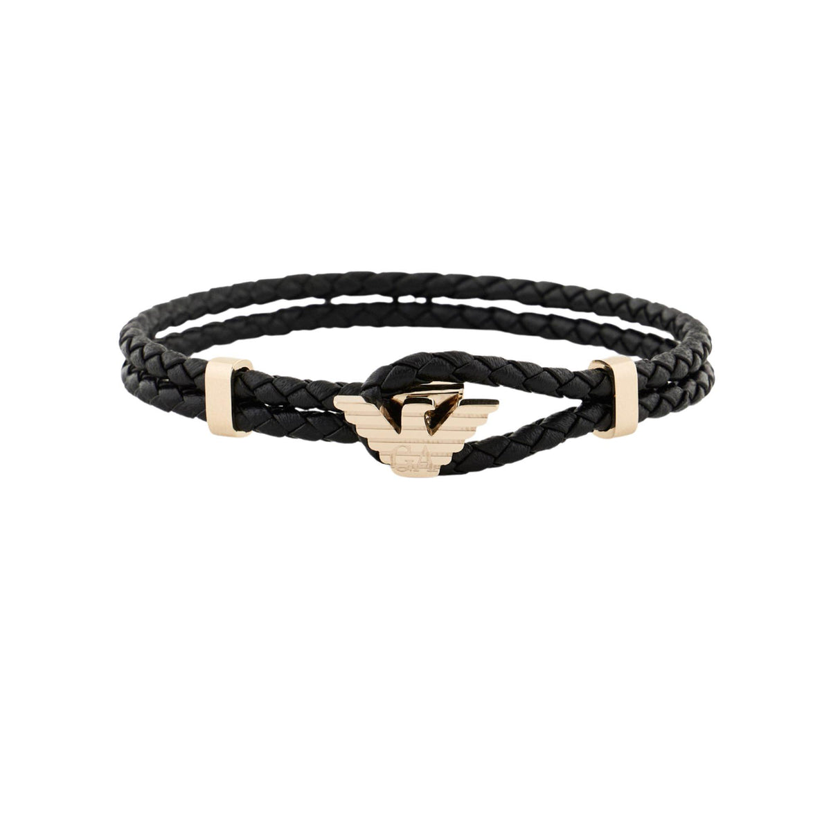 Emporio Armani men's black braided leather ID bracelet with gold-tone emblem and clasp