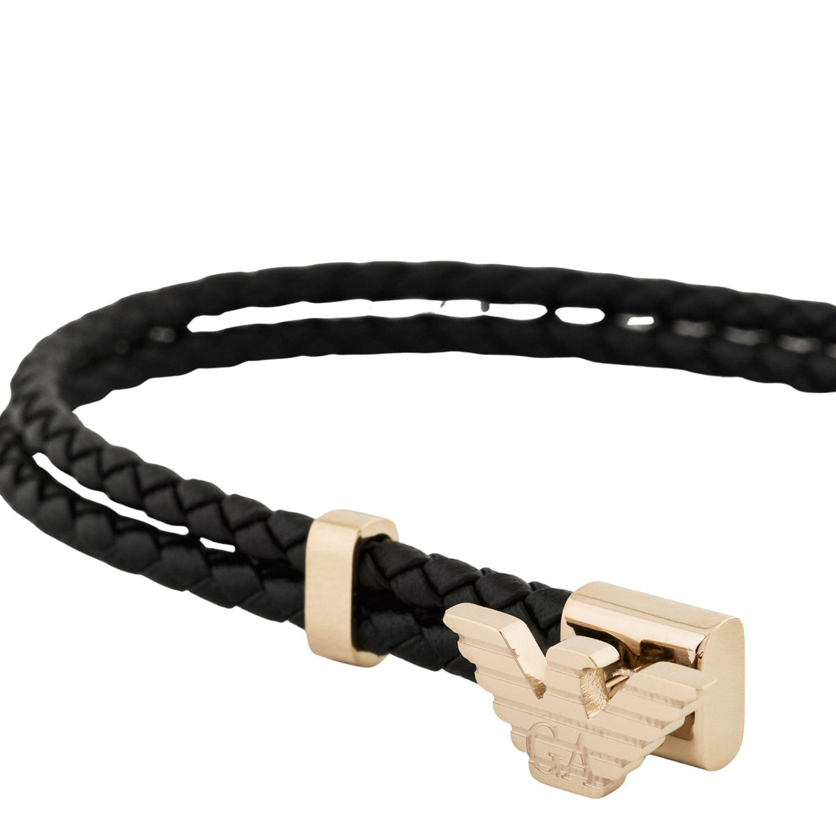 Black braided leather ID bracelet clasp close-up with gold-tone emblem plate