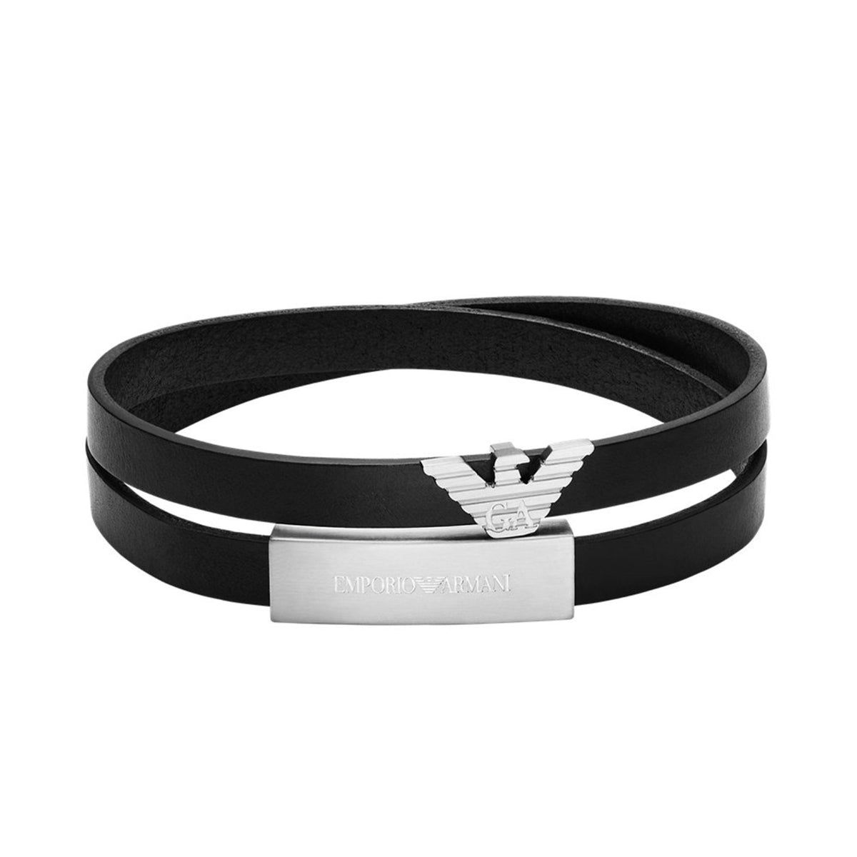 Black leather men's bracelet with silver-tone ID plate and eagle logo