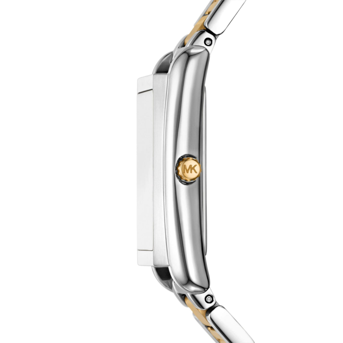 Michael Kors Essex MK4967 side profile view highlighting the slim steel case and gold-tone engraved crown