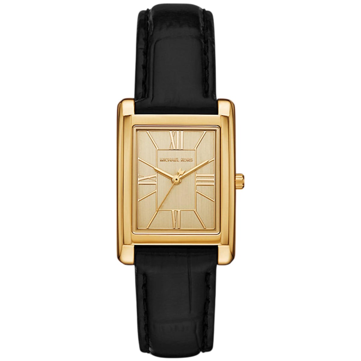 Michael Kors Essex MK4965 ladies rectangular quartz watch front view featuring a gold dial, gold-tone case, and black leather strap