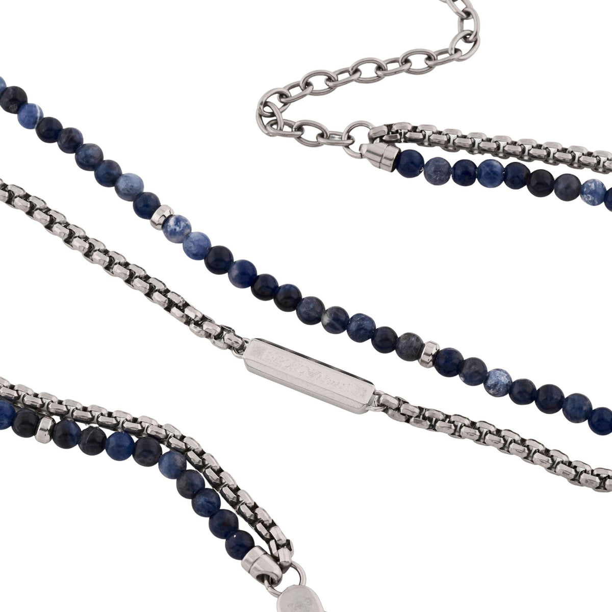 Close-up view of Emporio Armani mens layered necklace EGS3312040 showing engraved steel ID plaque and natural sodalite beads