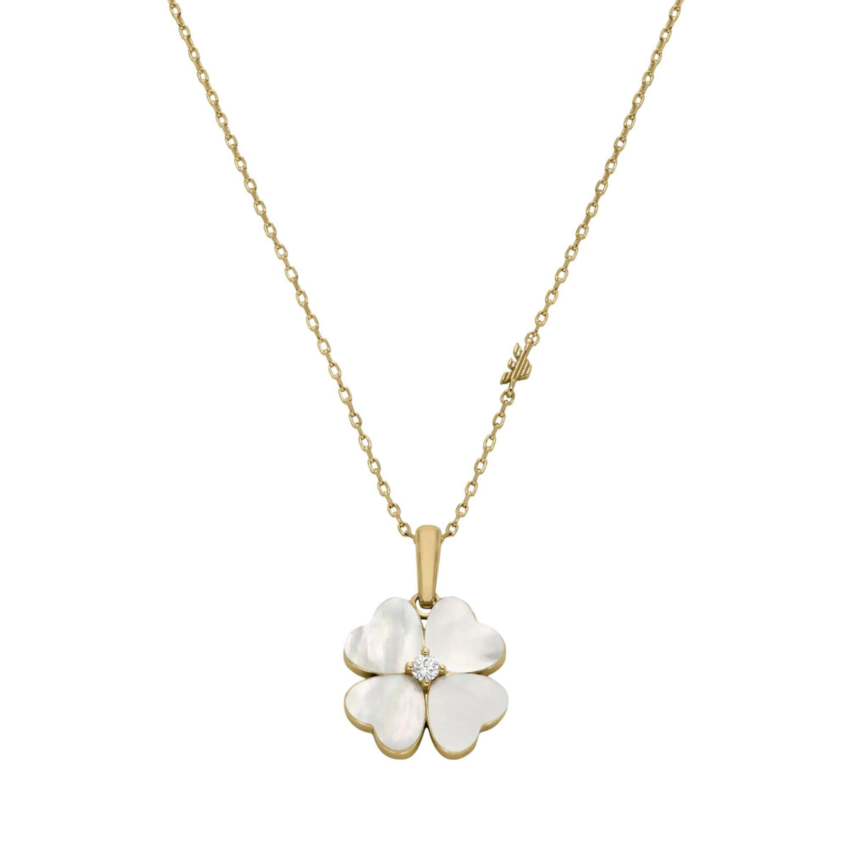 Frontal view of Emporio Armani Sentimental womens gold-tone chain necklace EGS3347710 with mother-of-pearl clover pendant