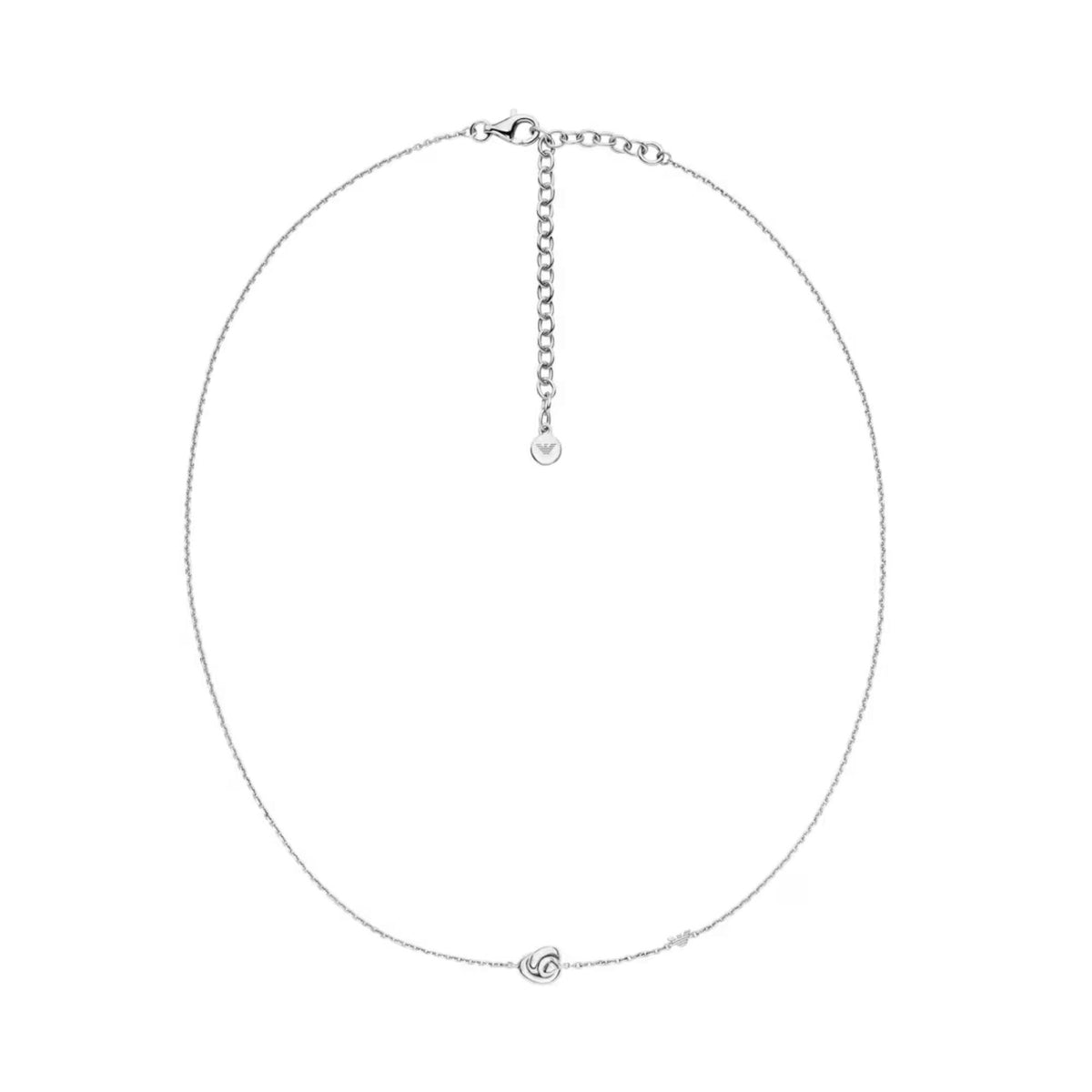 Full layflat view of Emporio Armani Paramour womens sterling silver chain necklace EG3642040 with knot focal design and adjustable fastening
