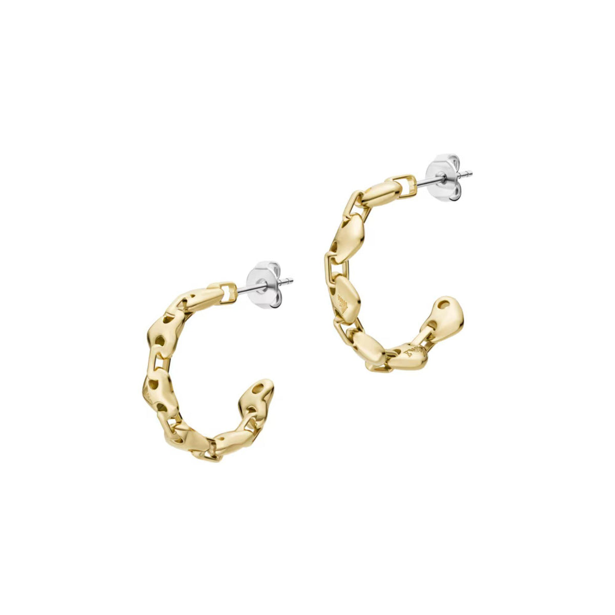Gold-tone hoop earrings with raised heart-link detail and stud back