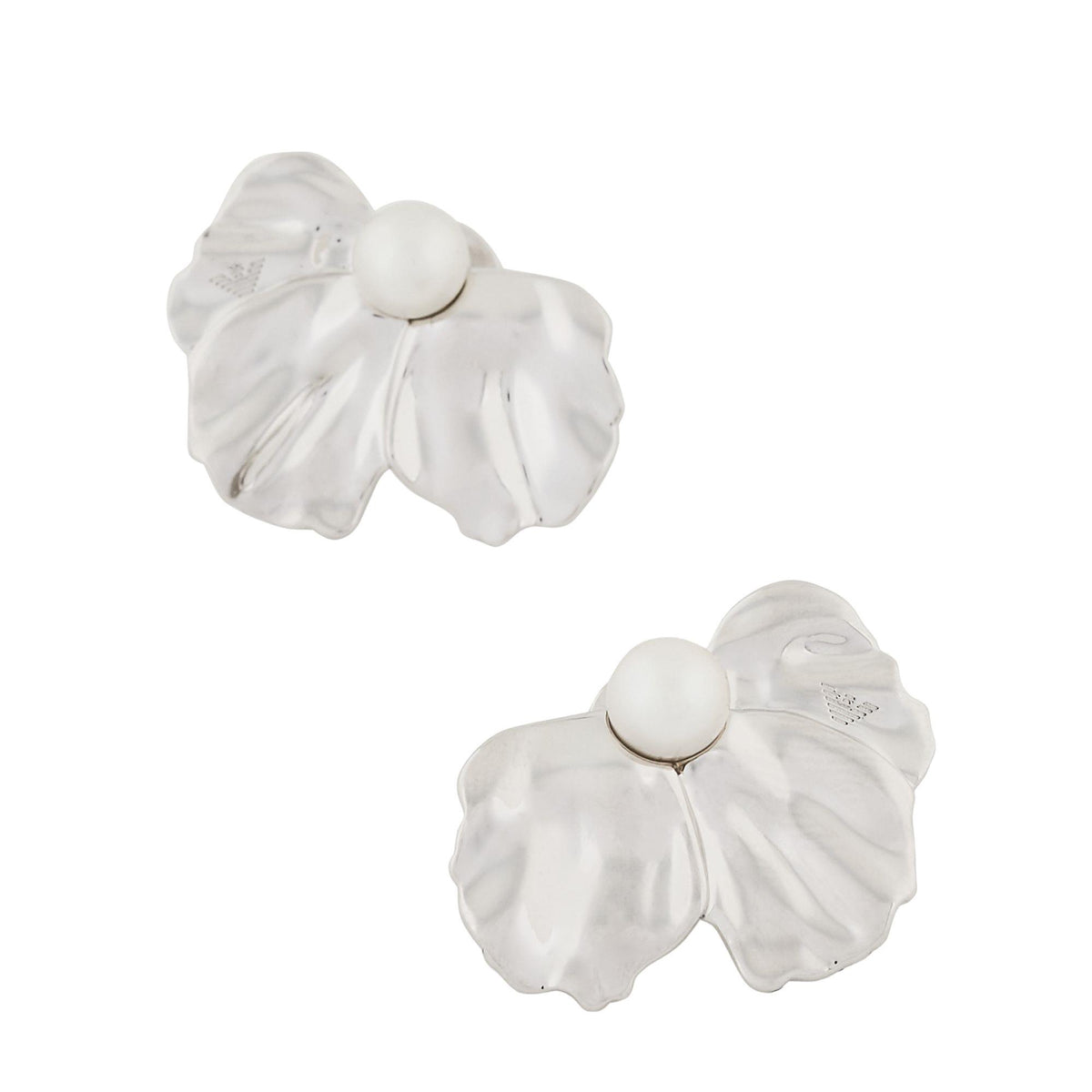 Pair of white petal flower pearl statement earrings, round pearl centers on silver-tone backs