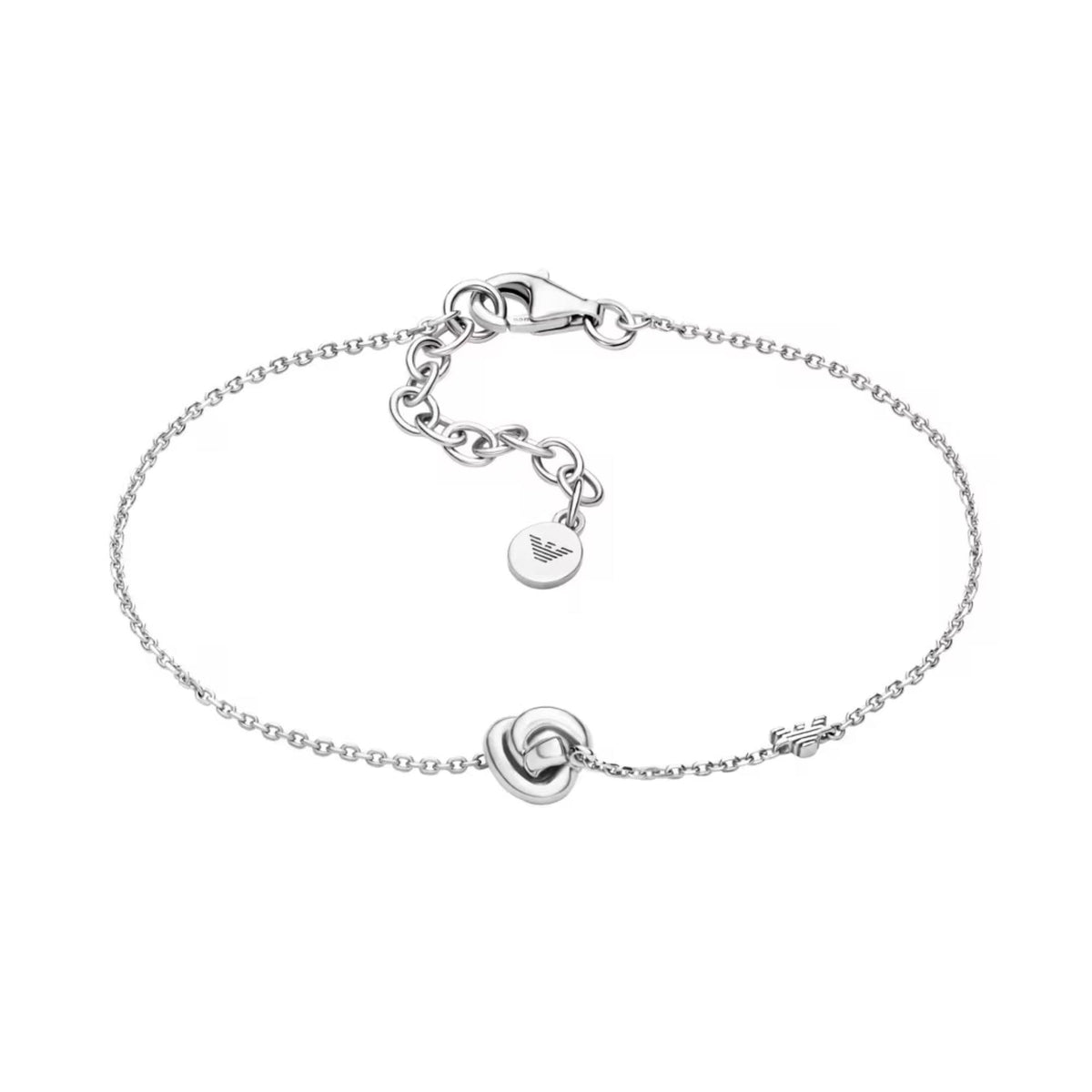Sterling silver bracelet with thin chain, heart-knot charm and small logo disc