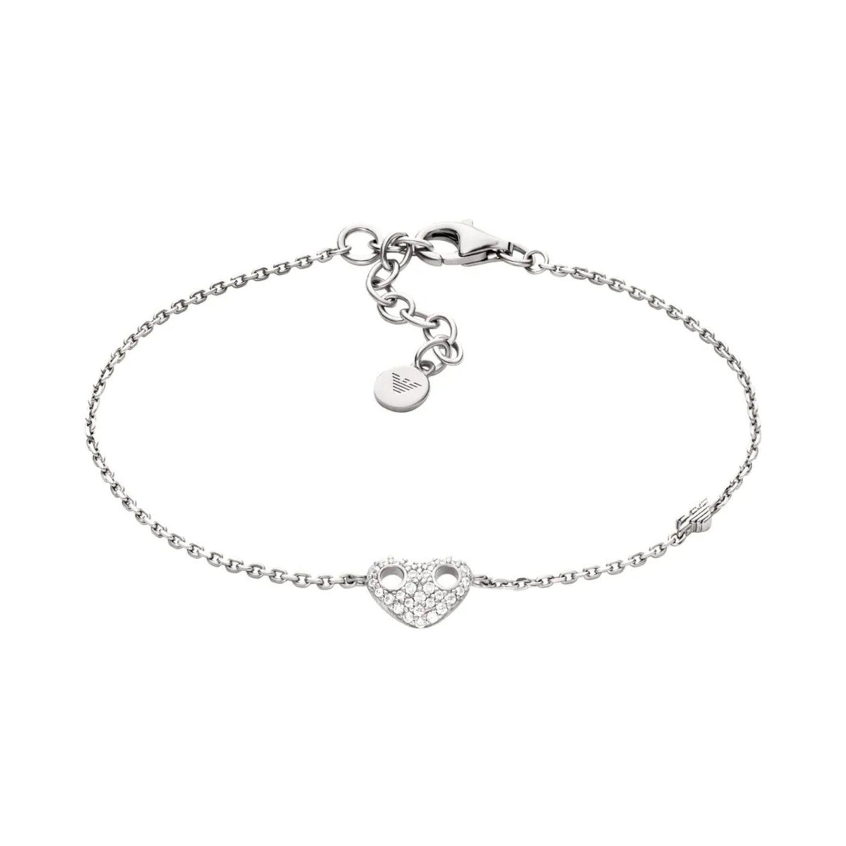 Layflat view of Emporio Armani Marina's Love ladies sterling silver heart chain bracelet EG3647040