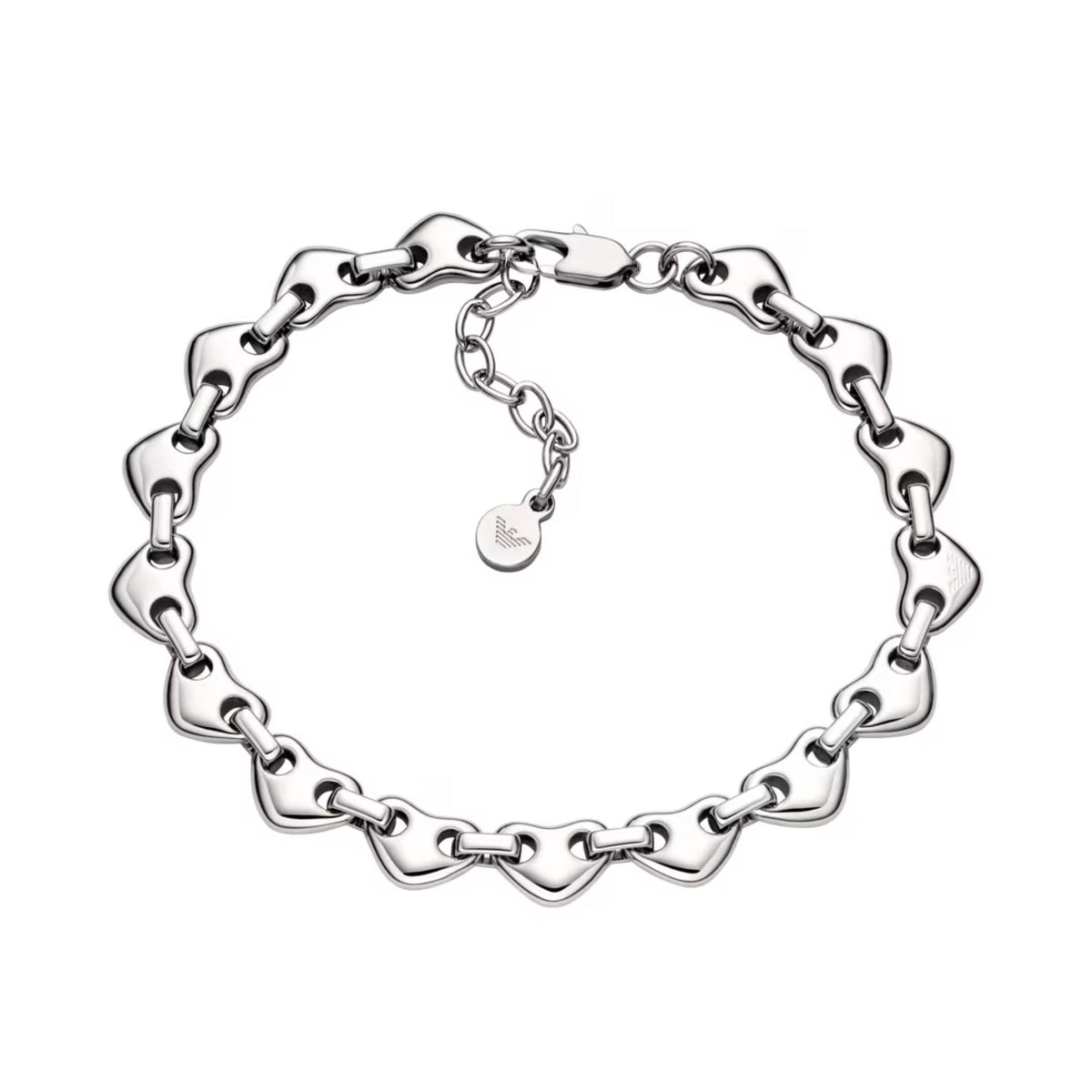 Silver-toned chain bracelet with heart-shaped links and small hanging charm