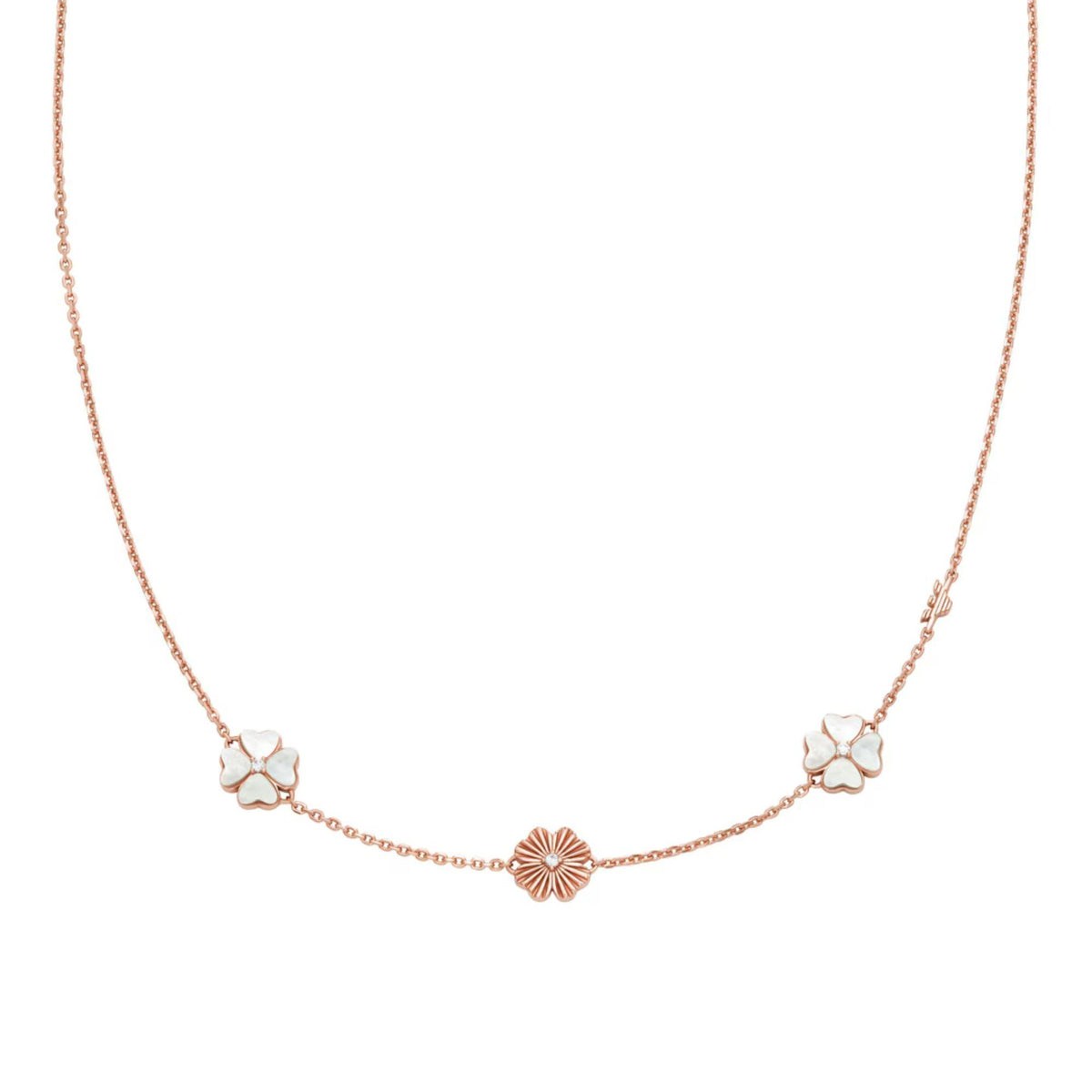 Rose gold-tone clover charm necklace with two flower charms and round center bead