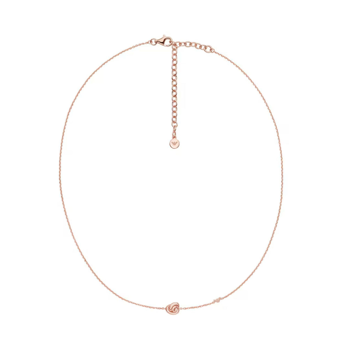 Rose gold-tone chain necklace with circular clasp charm and small drop pendant