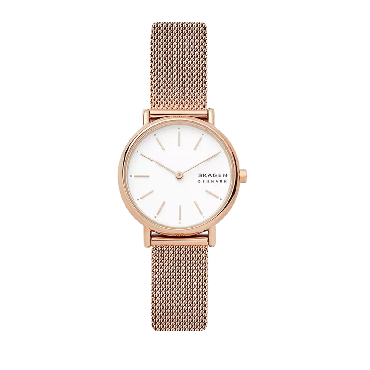 Skagen Signatur ladies quartz watch with white dial and rose gold mesh bracelet