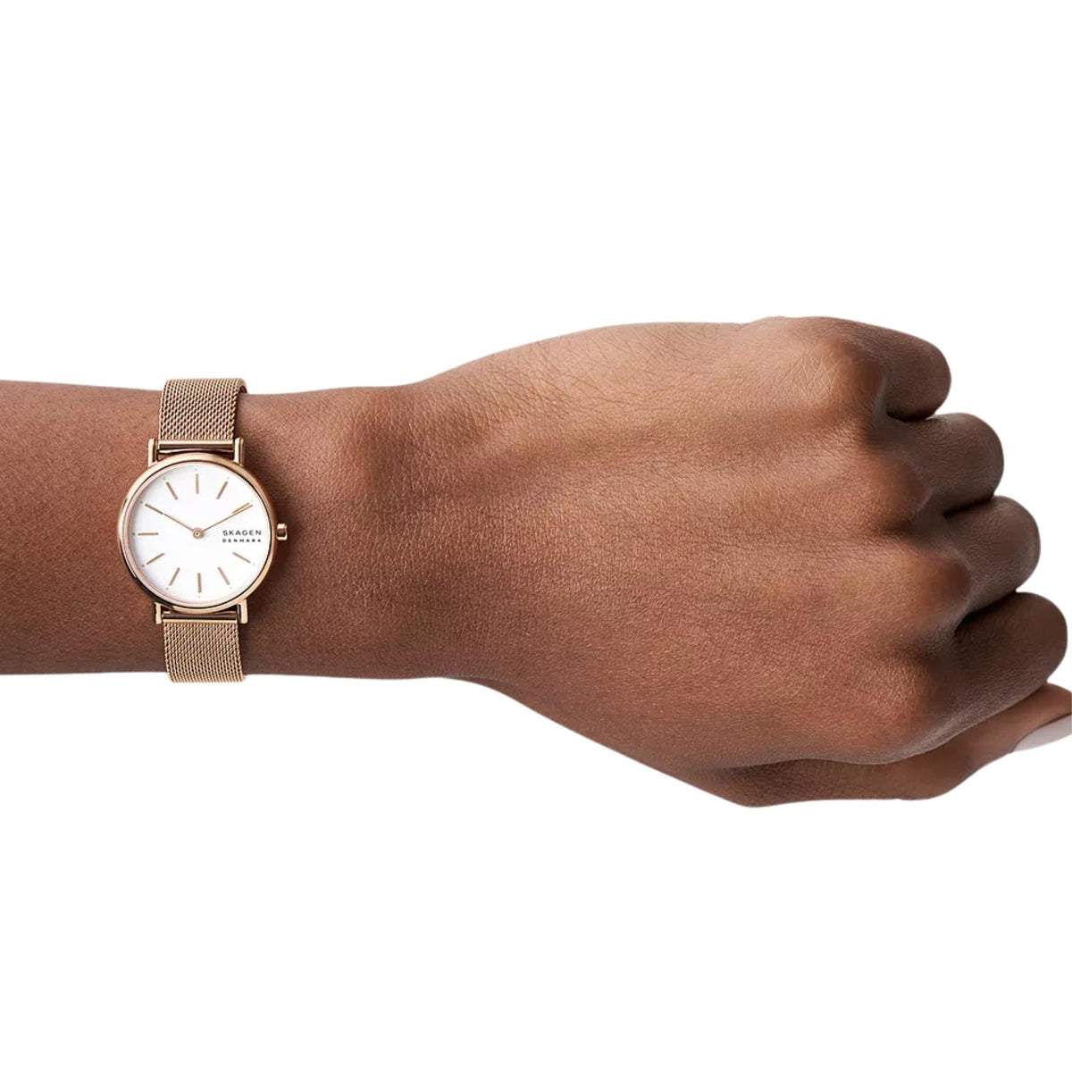 Skagen ladies quartz watch on wrist, white dial and rose gold mesh strap