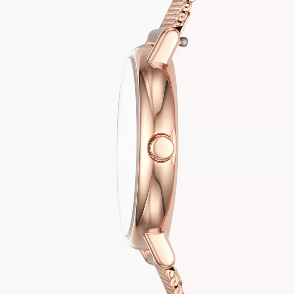 Skagen Signatur ladies quartz watch, rose gold-tone side profile and crown