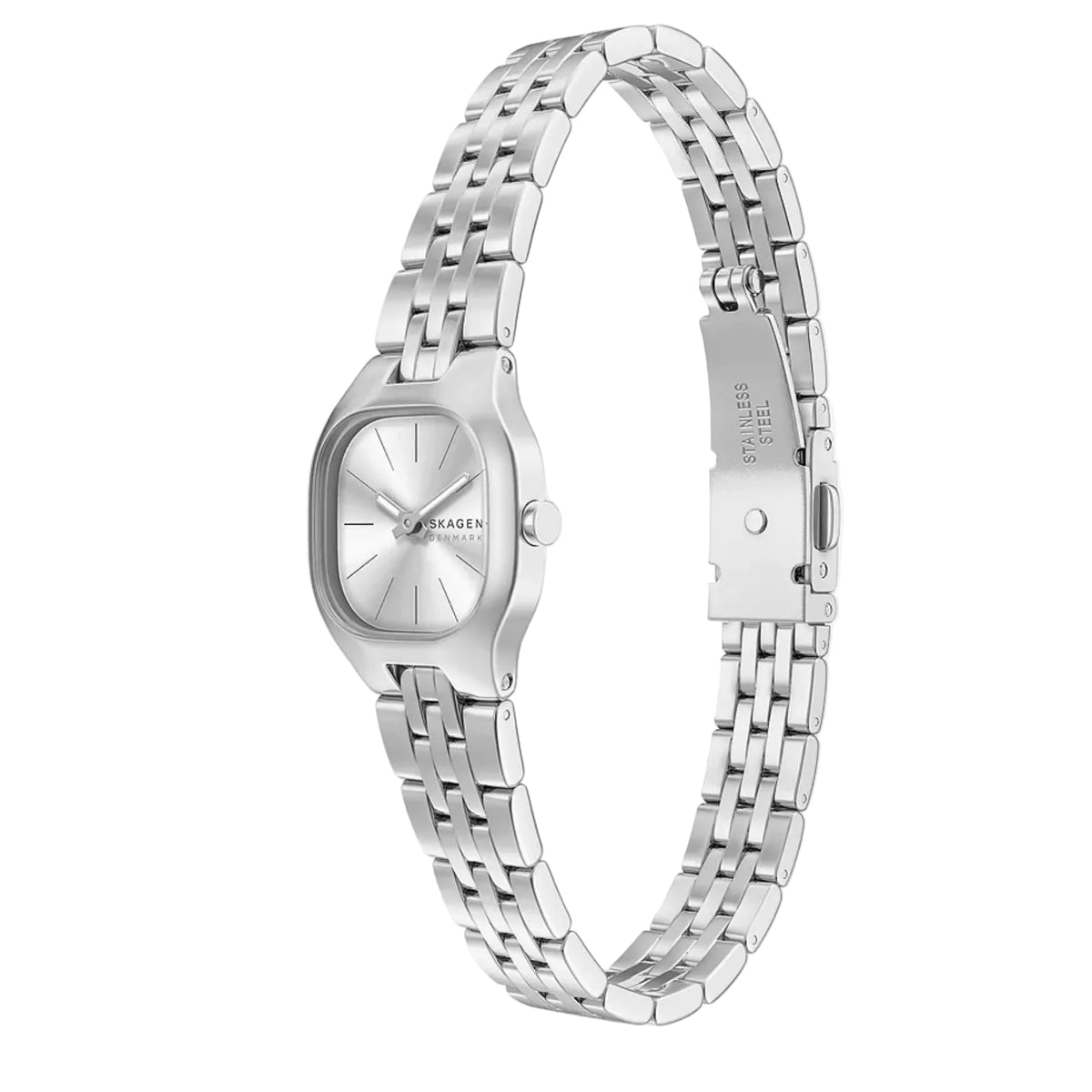 Silver steel quartz watch with white dial, angled view of bracelet and case