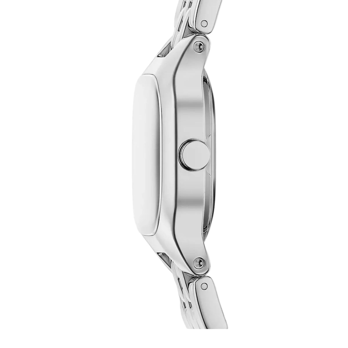 Silver watch case with side crown and buttons, matching steel bracelet