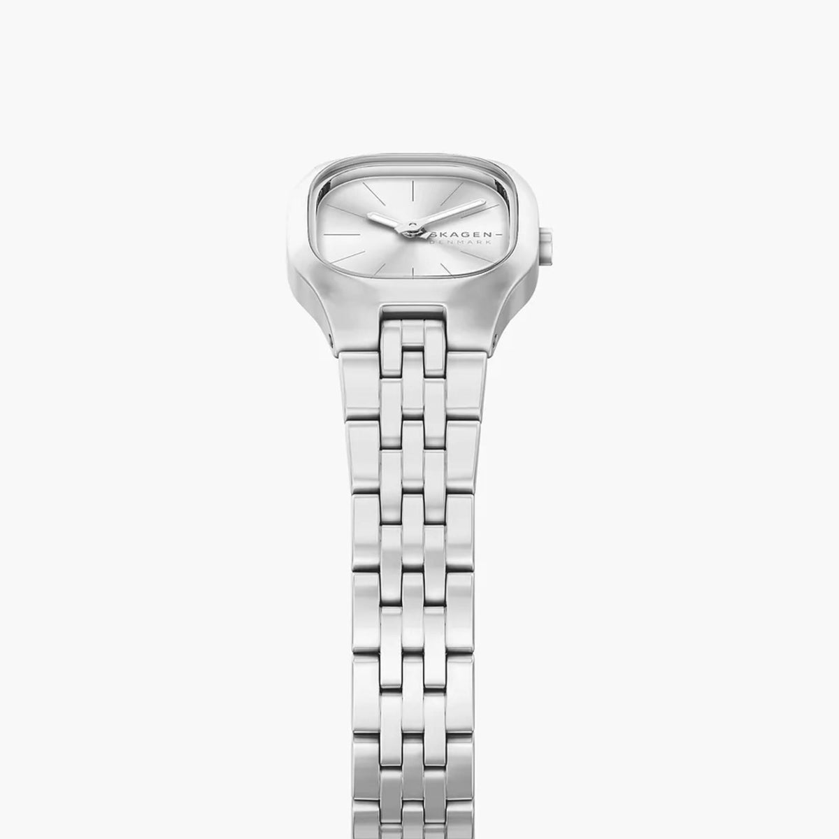 Silver quartz watch with white dial and steel bracelet, front view