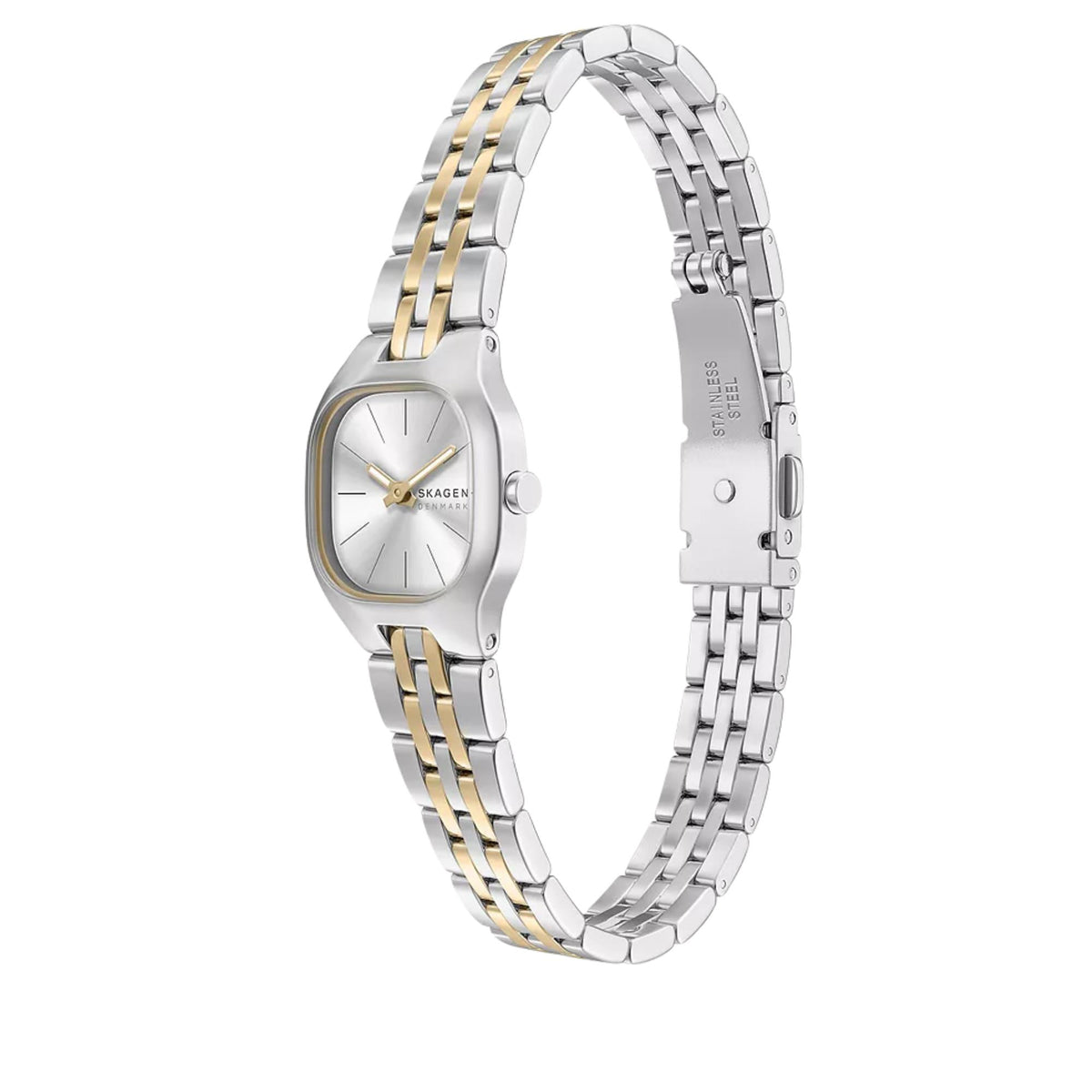 Two-tone steel bracelet wristwatch, side view with crown and silver dial