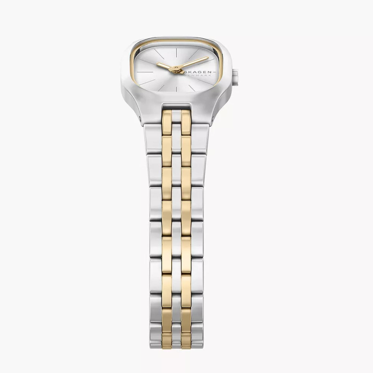 Silver dial ladies quartz watch with gold-accent bezel and linked two-tone steel band
