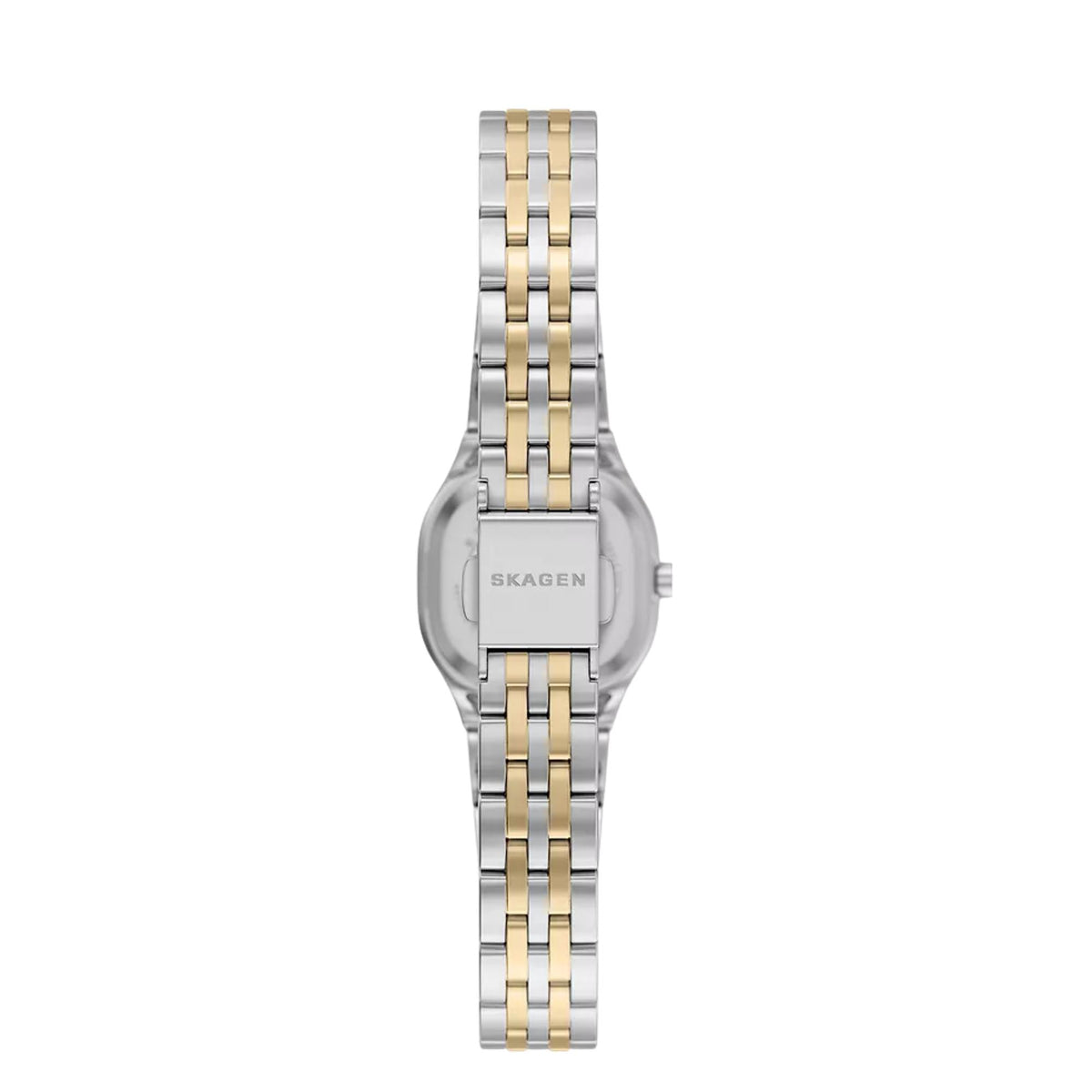 Silver dial watch with gold-tone center link bracelet, side profile view