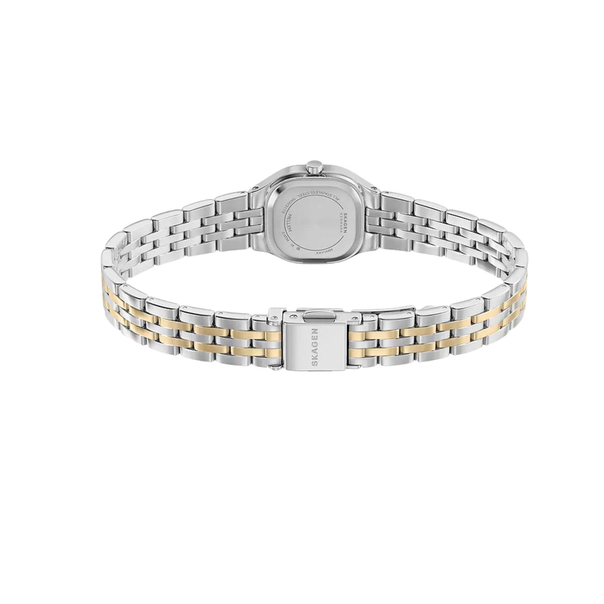 Two-tone steel bracelet watch band with clasp and caseback, SKAGEN logo on face