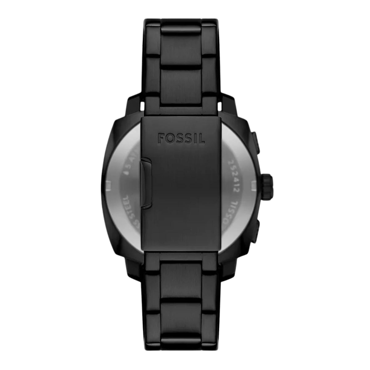 Rear view of Fossil Machine FS6097 steel bracelet detailing the branded folding deployment clasp