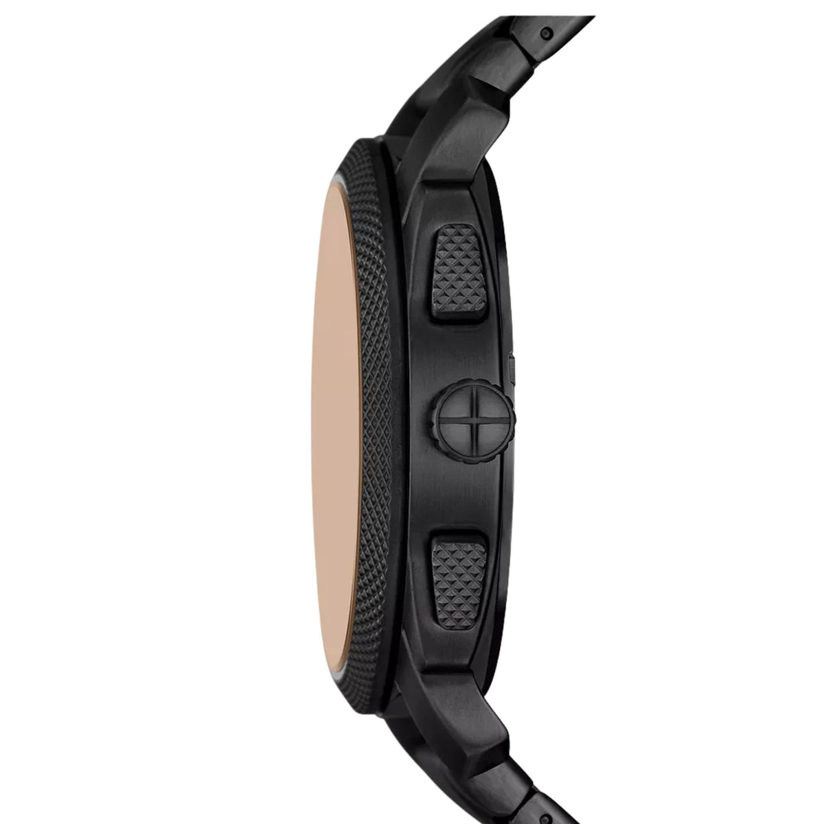 Side profile view of Fossil Machine FS6097 mens watch showcasing the black casing, textured bezel, crown, and pushers