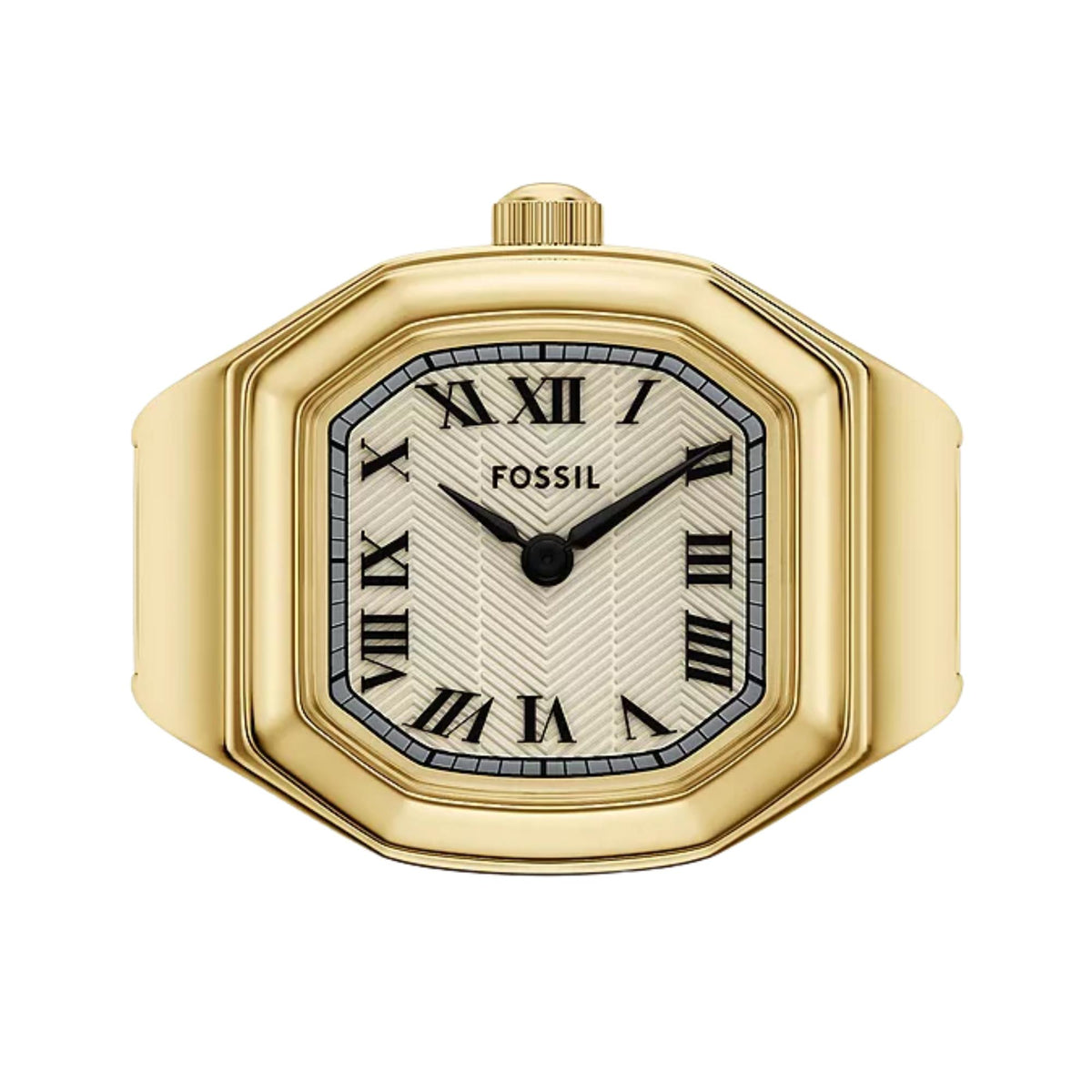 Front view of Fossil Harlow ES5446 ladies ring watch featuring a cream dial with Roman numerals and a gold-tone octagonal case