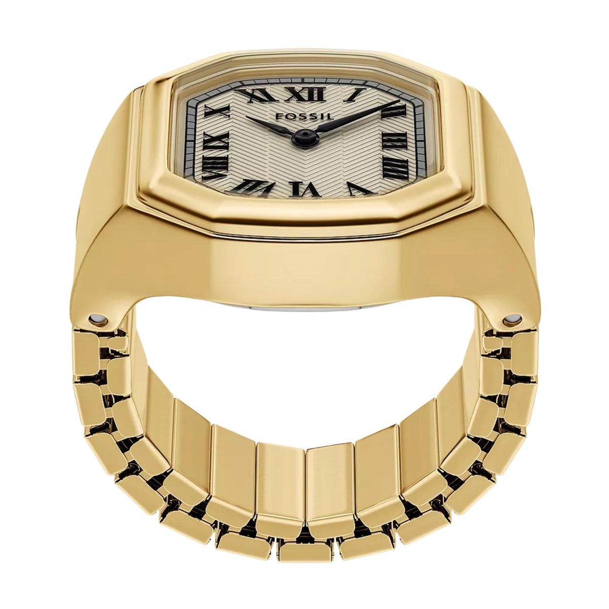 Top-down view of Fossil Harlow ES5446 quartz ring watch highlighting the cream dial, Roman numeral hour markers, and gold-tone case structure