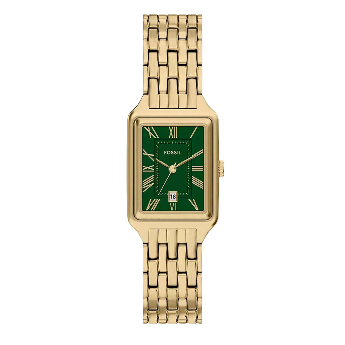 Front view of the Fossil Raquel ES5452 womens watch highlighting the green dial, rectangular gold-tone case, and matching link bracelet