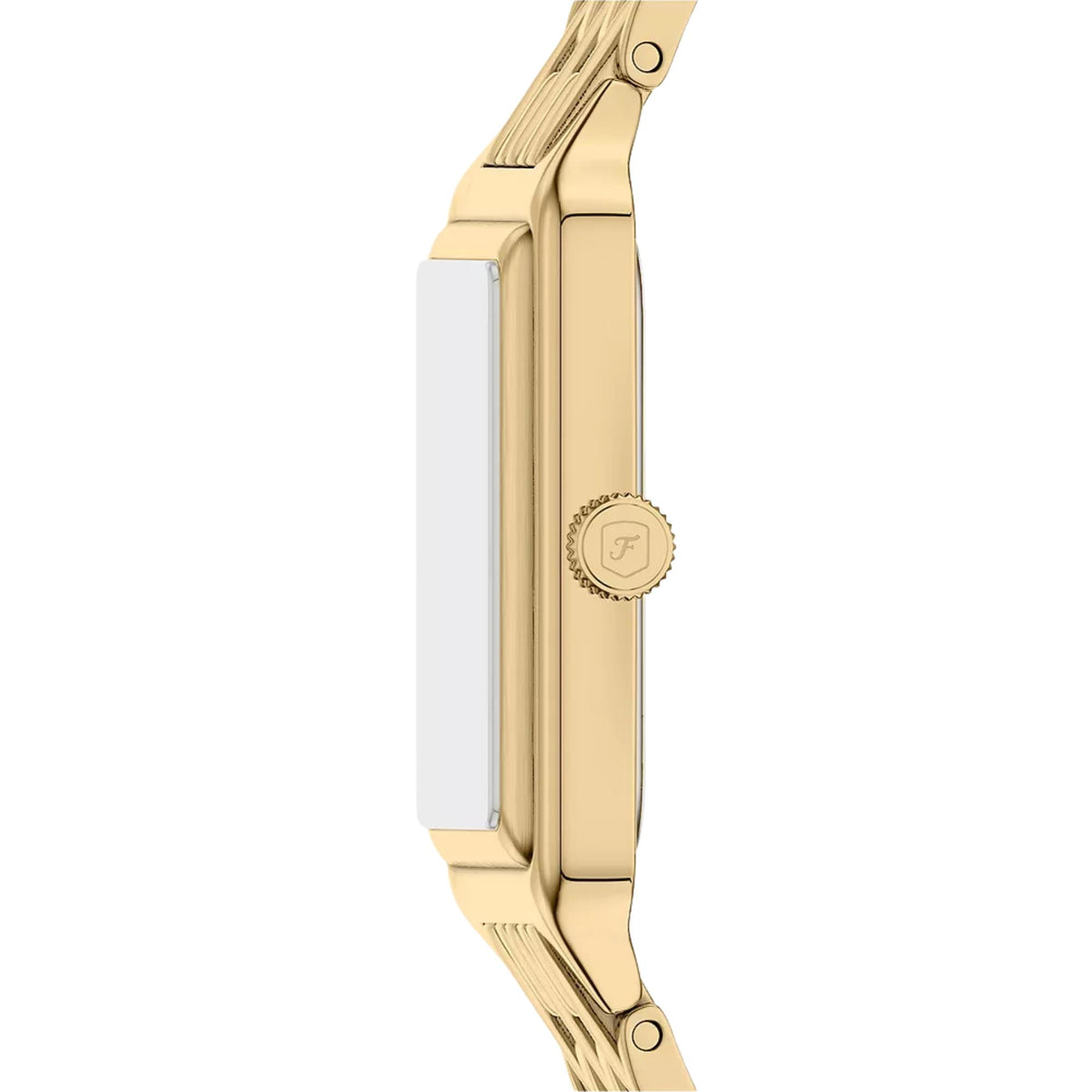 Side profile of the Fossil Raquel ES5452 quartz watch highlighting the slim gold-tone case and textured setting crown