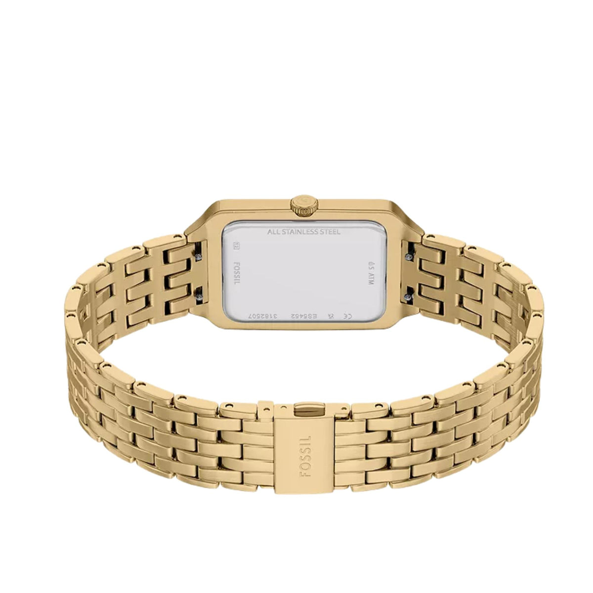 Rear perspective of the Fossil Raquel ES5452 wrist watch showing the open gold-tone link band, case back, and engraved deployment clasp