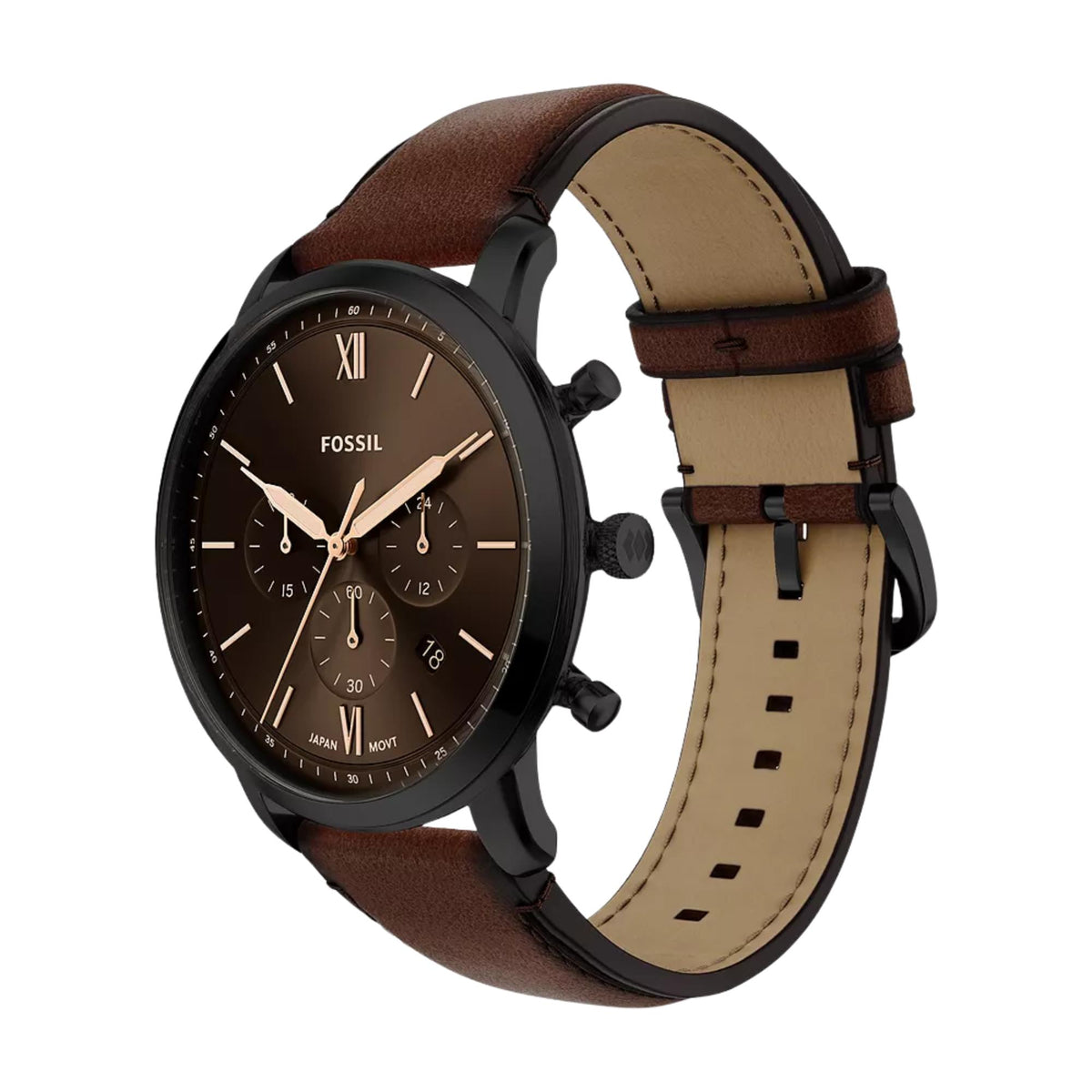 Three-quarter angle view of Fossil Neutra FS6163 mens timepiece highlighting the black dial, side pushers, and tan strap lining
