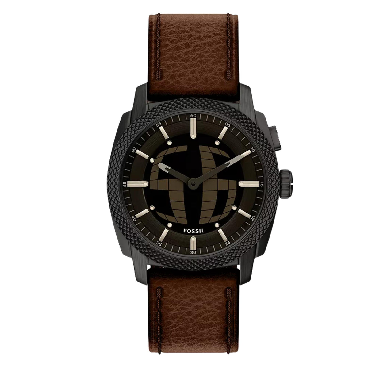 Front view of Fossil Machine FS6165 mens digi-analogue watch featuring a black dial, knurled bezel, and brown leather strap