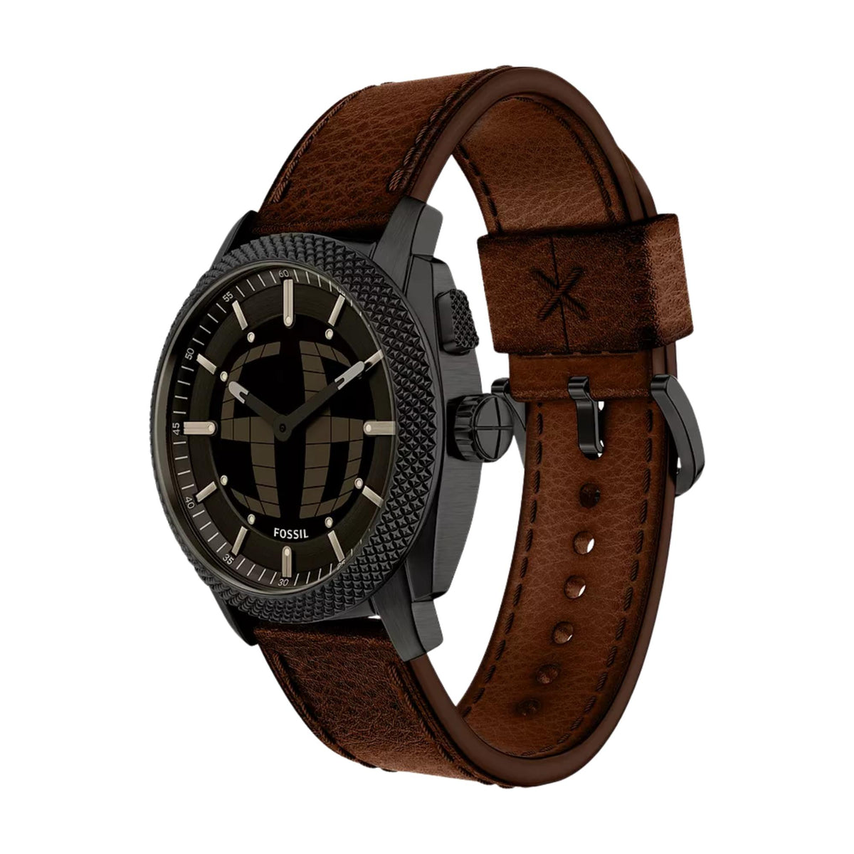 Angled view of Fossil Machine FS6165 mens watch highlighting the black case, textured bezel, and brown leather strap.